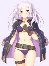 Rule 34 | 1girl, belt, belt buckle, bikini, bikini under clothes, black coat, blush, breasts, brown gloves, buckle, cleavage, clenched hand, clenched teeth, coat, cowboy shot, fire emblem, fire emblem heroes, forehead, gloves, gluteal fold, hand on own chest, highres, ihara asta, jacket, jacket on shoulders, looking at viewer, medium breasts, navel, nintendo, o-ring, o-ring bikini, o-ring top, official alternate costume, open clothes, open coat, open mouth, pink eyes, purple background, purple bikini, purple hair, robin (female) (fire emblem), robin (fire emblem), solo, standing, stomach, swimsuit, teeth, thigh strap, v-shaped eyebrows