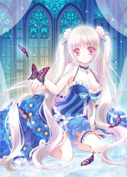 Rule 34 | 1girl, bow, breasts, bug, butterfly, choker, cleavage, dress, flower, hair flower, hair ornament, insect, bridal garter, long hair, looking at viewer, miyu (botan), original, ribbon, silver hair, sitting, solo, twintails, very long hair