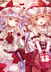 Rule 34 | 2girls, ascot, bad id, bad pixiv id, blonde hair, blush, bow, brooch, fang, flandre scarlet, frills, hat, hat bow, jaku sono, jewelry, laevatein, light purple hair, lowres, multiple girls, open mouth, red eyes, remilia scarlet, siblings, sisters, touhou, wrist cuffs