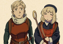 Rule 34 | 1boy, 1girl, :o, a-king, aged down, armor, backpack, bag, belt, black dress, black headwear, blonde hair, blush, brother and sister, dress, dungeon meshi, facing viewer, falin touden, falin touden (tallman), hat, holding, holding staff, hoop, laios touden, leather armor, looking at viewer, short hair, siblings, side-by-side, simple background, staff, sword, turtleneck, upper body, weapon