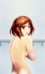 Rule 34 | 1girl, au naturel, back, bare back, breasts, brown hair, completely nude, covering privates, covering breasts, face, highres, kearu, lips, looking back, meiko (vocaloid), nude, nude cover, red eyes, short hair, sideboob, vocaloid