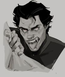 Rule 34 | 1boy, artist name, commentary, drooling, fangs, greyscale, hair slicked back, hand on another&#039;s neck, highres, looking at viewer, male focus, marvel, mature male, miguel o&#039;hara, monochrome, nic (attckher), open mouth, portrait, realistic, red pupils, saliva, short hair, signature, simple background, skin tight, smile, solo focus, spanish commentary, spider-man: across the spider-verse, spider-man (series), spider-verse, spot color, thick eyebrows, tongue, upper body