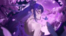 Rule 34 | 1girl, absurdres, bare back, bare shoulders, blurry, breasts, bug, butterfly, cherry blossoms, cherrymaru, depth of field, expressionless, genshin impact, hair ornament, highres, insect, long hair, looking at viewer, looking back, medium breasts, purple eyes, purple hair, raiden shogun, sideboob, sidelocks, solo, very long hair