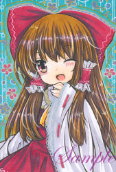 Rule 34 | 1girl, ;d, ascot, blue background, blush, bow, brown hair, floral background, frilled hair tubes, frilled shirt collar, frills, hair bow, hair tubes, hakurei reimu, long hair, looking at viewer, marker (medium), one eye closed, open mouth, red bow, red eyes, red shirt, ribbon-trimmed sleeves, ribbon trim, rui (sugar3), sample watermark, shirt, sleeves past wrists, smile, solo, teeth, touhou, traditional media, upper teeth only, watermark, wide sleeves, yellow ascot