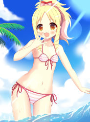 Rule 34 | 1girl, :d, absurdres, bare arms, bare shoulders, bikini, blonde hair, blue sky, blush, bow, breasts, brown eyes, cloud, collarbone, commentary request, cowboy shot, day, drill hair, eromanga sensei, front-tie bikini top, front-tie top, hair bow, hand to own mouth, hand up, high ponytail, highres, lens flare, long hair, looking at viewer, navel, ocean, open mouth, outdoors, outstretched arm, palm tree, pink bow, red bow, side-tie bikini bottom, sidelocks, sky, small breasts, smile, solo, striped bikini, striped clothes, swimsuit, tree, twin drills, wading, water, wet, xiaosamiao, yamada elf