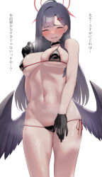 Rule 34 | 1girl, areola slip, bare shoulders, bikini, black bikini, black choker, black feathers, black gloves, black wings, blue archive, blush, breasts, choker, closed eyes, covered erect nipples, cowboy shot, feathered wings, feathers, gloves, hair ornament, hairclip, halo, highres, ichika (blue archive), large breasts, low wings, mannen junyuuki, micro bikini, navel, open mouth, simple background, skindentation, smile, solo, standing, stomach, string bikini, sweat, swimsuit, thighs, translation request, white background, wings