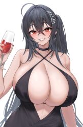 Rule 34 | 1girl, ahoge, azur lane, bare arms, bare shoulders, black choker, black dress, black hair, blush, breasts, choker, commentary, criss-cross halter, cup, dress, drinking glass, grin, halterneck, highres, holding, holding cup, huge breasts, kuavera, long hair, looking at viewer, one side up, red eyes, simple background, smile, solo, symbol-only commentary, taihou (azur lane), upper body, white background, wine glass