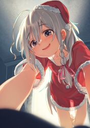Rule 34 | 1girl, absurdres, ahoge, backlighting, barefoot, blush, commentary request, dress, flat chest, fur-trimmed dress, fur-trimmed headwear, fur trim, grey eyes, grey hair, hat, highres, hoshi syoko, idolmaster, idolmaster cinderella girls, indoors, long hair, looking at viewer, red dress, red hat, santa dress, santa hat, see-through silhouette, smile, solo, takesoboro