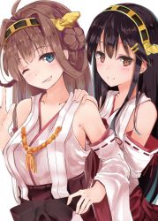 Rule 34 | 10s, 2girls, bad id, bad pixiv id, black hair, blue eyes, brown eyes, brown hair, detached sleeves, hairband, hand on another&#039;s shoulder, haruna (kancolle), headgear, highres, japanese clothes, kantai collection, kongou (kancolle), long hair, looking at viewer, multiple girls, nontraditional miko, one eye closed, open mouth, shirotaso0818, smile