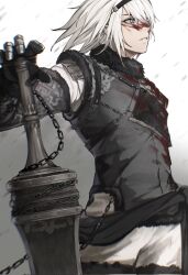 Rule 34 | 1boy, black hairband, blood, blood on face, blue eyes, chain, commentary request, hairband, highres, looking ahead, male focus, medium hair, nier, nier (series), nier (young), parted lips, simple background, smile, solo, standing, sword, teeth, tricoliet, weapon, white background, white hair