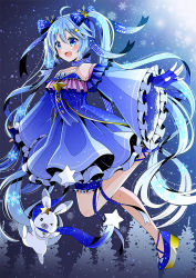 Rule 34 | 1girl, ahoge, bad id, bad pixiv id, blue bow, blue dress, blue eyes, blue footwear, blue gloves, blue hair, bow, detached sleeves, dress, fingerless gloves, gloves, hair bow, hair ornament, hatsune miku, bridal garter, long hair, open mouth, outstretched arms, shoes, smile, snow rabbit, snowflakes, solo, star (symbol), star hair ornament, twintails, very long hair, vocaloid, wide sleeves, yuki miku, yukine (vocaloid), yuuka nonoko