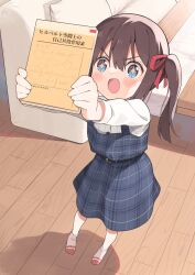 Rule 34 | 1girl, absurdres, bed, blue eyes, blush, brown hair, child, commentary, dress, hair ribbon, highres, indoors, math, medium hair, nirareba, open mouth, original, outstretched arms, ribbon, shadow, side ponytail, socks, solo, sparkling eyes, standing, translated, wooden floor