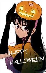 Rule 34 | 1girl, arm up, black-framed eyewear, black gloves, black hair, black shirt, breasts, closed mouth, commentary, elbow gloves, english text, expressionless, from side, glasses, gloves, glowing, halloween, halloween costume, happy halloween, himawari-san, himawari-san (character), jack-o&#039;-lantern, looking at viewer, medium breasts, pink ribbon, pumpkin, pumpkin on head, purple eyes, ribbon, shirt, signature, simple background, solo, sugano manami, white background