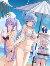Rule 34 | 3girls, :&lt;, ^ ^, absurdres, ahoge, alternate costume, arm at side, bare arms, bare shoulders, beach, beach umbrella, bikini, black bikini, blue hair, blue sky, blunt bangs, breasts, cleavage, closed eyes, cloud, commentary request, cone hair bun, cowboy shot, crossed bangs, crossover, cup, day, double bun, dress, drink, dutch angle, facing viewer, floating hair, food, frilled dress, frilled hairband, frills, front-tie bikini top, front-tie top, frown, ganyu (genshin impact), genshin impact, glint, goat horns, hair bun, hair ornament, hairband, halter dress, halterneck, hand on own chin, hand up, hands up, hat, highres, holding, holding cup, holding drink, holding paper, holding tray, horns, i ruru, ice cream, keqing (genshin impact), leaning forward, lens flare, linea alba, lize helesta, long hair, looking at object, looking at viewer, maid headdress, medium breasts, multiple girls, navel, nijisanji, ocean, off-shoulder dress, off shoulder, outdoors, palm leaf, paper, parted lips, ponytail, purple hair, sand, short dress, short sleeves, side-tie bikini bottom, sidelocks, sitting, sky, smile, sparkle hair ornament, stomach, strap gap, string bikini, summer, sun hat, sundae, sweatdrop, swimsuit, thighs, tray, twintails, umbrella, v-shaped eyebrows, very long hair, virtual youtuber, white bikini, white hair, white hairband, white headwear