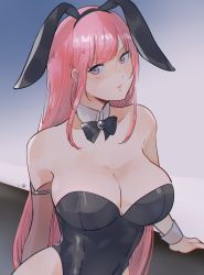 Rule 34 | 1girl, alternate costume, animal ears, bare shoulders, black bow, black bowtie, black leotard, blunt bangs, blush, bow, bowtie, breasts, collarbone, detached collar, elbow gloves, fake animal ears, gloves, highres, hololive, hololive english, kokomi (aniesuakkaman), large breasts, leotard, long hair, looking to the side, mori calliope, parted lips, pink eyes, pink hair, playboy bunny, rabbit ears, single elbow glove, solo, straight hair, upper body, very long hair, virtual youtuber, wrist cuffs