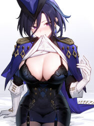 Rule 34 | 1girl, 95---, black bra, black corset, black pantyhose, blue cape, blue hair, blue hat, bra, breasts, cape, cleavage, clorinde (genshin impact), corset, dangle earrings, dark blue hair, earrings, elbow gloves, epaulettes, fold-over gloves, genshin impact, gloves, hat, high-waist skirt, highres, jewelry, large breasts, long hair, low ponytail, mouth hold, pantyhose, pencil skirt, purple eyes, shirt, simple background, sitting, skirt, solo, tricorne, underwear, white gloves, white shirt