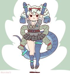 Rule 34 | 1girl, arms up, blue hair, bow, bowtie, choker, coroha, elbow gloves, full body, gloves, green background, green hair, japari symbol, jewelry, jumping, kemono friends, long hair, looking at viewer, multicolored hair, ribbon, ring, sailor collar, sandals, school uniform, simple background, skirt, snake tail, solo, tail, two-tone hair, yamata no orochi (kemono friends), zouri
