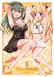 Rule 34 | 2girls, ;d, armpits, arms up, barefoot, black dress, black ribbon, blonde hair, blue eyes, breasts, cleavage, collarbone, copyright name, dress, feet, full body, green hair, groin, hairband, hands in hair, highres, kounosu satori, large breasts, long hair, multiple girls, navel, one eye closed, open mouth, purple eyes, ribbon, shiny skin, short shorts, shorts, sleeveless, sleeveless dress, small breasts, smile, sweat, thick eyebrows, twintails