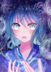 Rule 34 | 1girl, aerial fireworks, aqua eyes, blue eyes, blue hair, blue kimono, blush, commentary, eye reflection, fireworks, hair between eyes, highres, japanese clothes, kimono, long hair, looking at viewer, multicolored eyes, open mouth, original, purple eyes, reflection, rinringo, shadow, solo, upper body