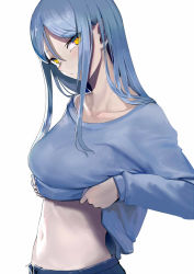 Rule 34 | 1girl, abyssal ship, alternate costume, breasts, casual, clothes lift, collarbone, denim, eyes visible through hair, grey sweater, kantai collection, lifting own clothes, long hair, long sleeves, looking at viewer, medium breasts, navel, sidelocks, silver hair, simple background, solo, stomach, sweater, sweater lift, ta-class battleship, upper body, walzrj, white background, yellow eyes