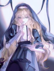 Rule 34 | 1girl, absurdres, blonde hair, book, buttons, cross, finger to mouth, gloves, green eyes, hair between eyes, highres, holding, holding book, i became a god in a horror game, long hair, long sleeves, looking at viewer, nun, open book, open clothes, open mouth, phoebe (i became a god in a horror game), puffy short sleeves, puffy sleeves, shizhibenyue, short sleeves, smile, solo, white gloves
