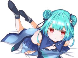 Rule 34 | 1girl, animal print, aqua hair, bed sheet, blue dress, blue footwear, blush, breasts, butterfly print, closed mouth, detached sleeves, double bun, dress, eyelashes, feet up, hair bun, hair ornament, high heels, highres, hololive, kokechan, looking at viewer, lying, on stomach, red eyes, shoes, short hair, simple background, skull hair ornament, small breasts, smile, solo, uruha rushia, uruha rushia (1st costume), virtual youtuber, white background, wide sleeves
