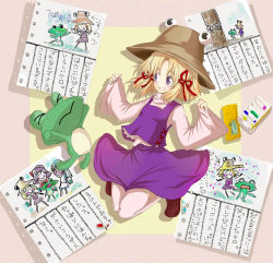 Rule 34 | 1girl, baku (bakunooekaki), blonde hair, drawing, female focus, frog, hat, kochiya sanae, moriya suwako, ribbon, solo, touhou, yasaka kanako