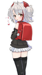 Rule 34 | 1girl, :p, antenna hair, azur lane, backpack, bag, bag charm, black thighhighs, brown eyes, charm (object), commentary request, cross, detached sleeves, feet out of frame, from behind, grey hair, hair between eyes, head tilt, highres, iron cross, little prinz eugen (azur lane), long hair, looking at viewer, looking back, miniskirt, multicolored hair, oruk, pleated skirt, randoseru, sidelocks, simple background, skirt, solo, standing, thighhighs, tongue, tongue out, translated, two-tone hair, white background, zettai ryouiki