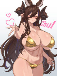 Rule 34 | 1girl, animal ears, bare shoulders, bikini, black hair, blowing kiss, blush, breasts, brown hair, cleavage, closed eyes, collarbone, cowboy shot, curvy, galleon (granblue fantasy), gold bikini, gradient background, granblue fantasy, grey background, groin, heart, highres, horns, huge breasts, lancer24, long hair, looking at viewer, micro bikini, navel, revision, shiny clothes, shiny swimsuit, simple background, skindentation, solo, standing, stomach, string bikini, swimsuit, very long hair, white background, yellow bikini