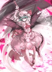 Rule 34 | 1girl, arms up, ascot, bat wings, dress, fang, frilled sleeves, frills, hat, holding, holding weapon, light purple hair, looking at viewer, mob cap, pink dress, puffy short sleeves, puffy sleeves, red eyes, remilia scarlet, shoes, short hair, short sleeves, solo, spear the gungnir, standing, touhou, weapon, wings, wrist cuffs, yutapon