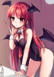 Rule 34 | 1girl, alternate costume, bare shoulders, bat wings, black leotard, blush, colorized, detached collar, head wings, koakuma, leotard, long hair, morinaga kobato, necktie, nontraditional playboy bunny, playboy bunny, red eyes, red hair, sketch, solo, text focus, touhou, wings, wrist cuffs
