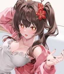 Rule 34 | 1girl, alternate costume, black nails, breasts, brown hair, cleavage, commentary, dress, english commentary, flower-shaped pupils, genshin impact, hair ornament, highres, hu tao (genshin impact), looking at viewer, medium breasts, myless, on bed, open mouth, pink sweater, red eyes, solo, sweater, symbol-shaped pupils, twintails, unfinished, white dress