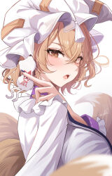 Rule 34 | 1girl, absurdres, animal ears, blonde hair, blush, breasts, dress, ears through headwear, fox ears, fox girl, fox tail, frilled shirt collar, frilled sleeves, frills, from side, hair between eyes, hat, highres, holding, holding paper, large breasts, lips, long sleeves, looking at viewer, maka (user rryf2748), mob cap, multiple tails, open mouth, paper, parted lips, short hair, signature, simple background, solo, tail, talisman, tassel, teeth, tongue, touhou, upper body, upper teeth only, wavy hair, white background, white dress, yakumo ran, yellow eyes