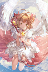 Rule 34 | 1girl, angel wings, antenna hair, bad id, bad pixiv id, blonde hair, bow, cardcaptor sakura, closed mouth, collarbone, dress, feathered wings, full body, green eyes, hair bow, highres, holding, holding staff, kinomoto sakura, kubinobiruyo, layered dress, looking at viewer, pink bow, pink ribbon, ribbon, short dress, short hair, short sleeves, signature, smile, solo, staff, thigh strap, two side up, white dress, white wings, wings