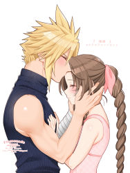 Rule 34 | 1boy, 1girl, aerith gainsborough, unworn armor, bandaged arm, bandages, bare arms, blonde hair, blue shirt, blush, braid, brown hair, closed eyes, cloud strife, couple, dress, final fantasy, final fantasy vii, final fantasy vii remake, hair ribbon, hands on another&#039;s chest, hands on another&#039;s head, hetero, highres, jacket, unworn jacket, kiss, kissing forehead, krudears, long hair, muscular, muscular male, parted bangs, pink dress, pink ribbon, ribbon, shirt, sidelocks, sleeveless, sleeveless turtleneck, smimle, spiked hair, square enix, turtleneck, upper body, white background