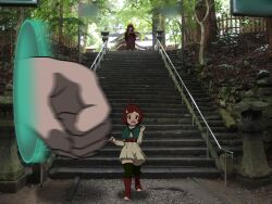 Rule 34 | 2girls, ahoge, belt, black thighhighs, boots, brown hair, capelet, dress, female focus, hair ornament, highres, letter hair ornament, magic, motion blur, multiple girls, open mouth, original, outdoors, photo background, portal (object), railing, refuto, stairs, stone lantern, tareme, thighhighs, tree, white dress