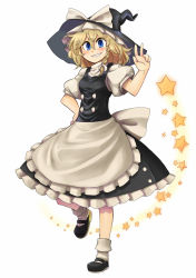 Rule 34 | 1girl, absurdres, black footwear, blonde hair, blue eyes, blush, bow, braid, daitai konna kanji, female focus, full body, grin, hair bow, hat, highres, kirisame marisa, mary janes, shoes, side braid, simple background, smile, solo, star (symbol), touhou, v, witch, witch hat