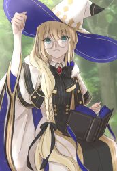 Rule 34 | 1girl, apomu, black bow, black bowtie, blonde hair, book, bow, bowtie, braid, braided ponytail, brooch, cloak, fate/grand order, fate (series), glasses, green eyes, hat, highres, jewelry, long hair, low ponytail, sitting, solo, aesc (fate), very long hair, white cloak, white hat, witch hat