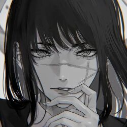Rule 34 | 1girl, black hair, chainsaw man, finger to mouth, greyscale, looking at viewer, monochrome, ringed eyes, scar, scar on face, solo, solo focus, user sfsr4575, white background, yoru (chainsaw man)