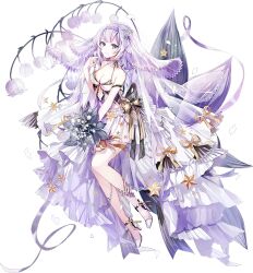 Rule 34 | 1girl, bare shoulders, bouquet, bow, breasts, choker, cleavage, dress, flower, full body, green eyes, hair flower, hair ornament, high heels, holding, holding bouquet, iron saga, long hair, medium breasts, official alternate costume, official art, purple hair, rhea (iron saga), smile, solo, thigh strap, third-party source, transparent background, veil, wedding dress