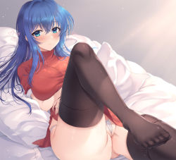 Rule 34 | 1girl, awayuki ramika, bed, black thighhighs, blue eyes, blush, breasts, caeda (fire emblem), cameltoe, dress, fire emblem, fire emblem: mystery of the emblem, gluteal fold, heart, highres, large breasts, leg up, long hair, looking at viewer, lying, nintendo, on back, on bed, panties, partially visible vulva, pegasus knight uniform (fire emblem), pillow, red dress, short dress, smile, solo, thighhighs, thong, underwear, white panties