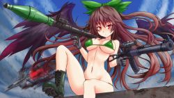 Rule 34 | 1girl, aircraft, airplane, alternate costume, as-val, as val, assault rifle, automatic rifle, bare shoulders, bikini, black hair, black wings, boots, bow, breasts, cleavage, female focus, gloves, gun, hair bow, highres, hip focus, integral suppressor, integrally-suppressed firearm, jet, kalashnikov rifle, large breasts, legs, long hair, man-portable anti-tank systems, navel, red eyes, reiuji utsuho, rifle, rocket-propelled grenade, rocket (projectile), rocket launcher, rpg (weapon), scope, sitting, solo, sumapan, suppressor, swimsuit, touhou, toz (tulsky oruzheiny zavod), tsniitochmash, tula arms plant, underboob, undersized clothes, very long hair, wallpaper, weapon, wings
