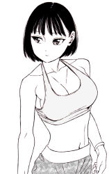Rule 34 | 1girl, bad id, bad pixiv id, black hair, breasts, cleavage, closed mouth, collarbone, dende (dndn222), greyscale, hair behind ear, highres, large breasts, looking to the side, monochrome, navel, original, pants, scan, scan artifacts, shirt, short hair, solo, sports bra, standing, stomach, traditional media