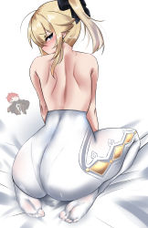 Rule 34 | 1boy, 1girl, absurdres, ass, bare shoulders, blonde hair, blue eyes, blush, bow, covering privates, covering face, diluc (genshin impact), embarrassed, from behind, genshin impact, hair bow, highres, jean (genshin impact), kneeling, kyle (kysizzle), kysizzle, long hair, looking at the side, looking at viewer, looking back, original, pants, pantylines, ponytail, red hair, shiny clothes, shiny skin, short hair, sweat, topless