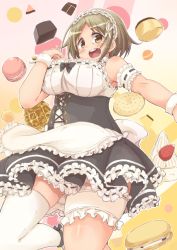 Rule 34 | apron, belly, blush, breasts, brown eyes, brown hair, corset, dress, food, frilled dress, frilled skirt, frills, garter belt, hair ornament, himukaze, idolmaster, idolmaster cinderella girls, large breasts, macaron, maid, maid apron, maid headdress, mimura kanako, open mouth, plump, short hair, skirt, smile, solo, thick thighs, thighhighs, thighs