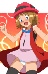 Rule 34 | 1girl, bare arms, blue eyes, blue ribbon, blush, brown hair, collarbone, commentary request, creatures (company), dress, embarrassed, eyelashes, game freak, hat, looking down, medium hair, neck ribbon, nintendo, open mouth, panties, pantyshot, pokemon, pokemon (anime), pokemon xy (anime), raised eyebrows, ribbon, serena (pokemon), sleeveless, solo, thighhighs, tongue, underwear, w arms, white panties, wind, wind lift, yume yoroi