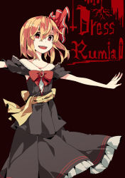Rule 34 | 1girl, :d, alternate costume, aoi kujira, black background, blonde hair, bow, bright pupils, brooch, collarbone, dress, hair bow, jewelry, open mouth, outstretched arms, red eyes, rumia, sharp teeth, smile, solo, teeth, touhou, white pupils