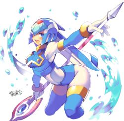 Rule 34 | 1girl, android, arched back, bent over, blue eyes, blush, bodysuit, boots, breasts, capcom, cropped legs, dated, female focus, gloves, helmet, iroyopon, fairy leviathan (mega man), medium breasts, open mouth, polearm, mega man (series), mega man zero (series), signature, smile, solo, spear, thighhighs, water, weapon, white background, white gloves