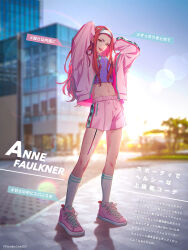 Rule 34 | 1other, anne faulkner, bae (paradox live), character name, full body, highres, long hair, long sleeves, looking at viewer, navel, official alternate costume, official art, paradox live, parted lips, pink hair, pink shorts, red lips, shorts, standing, yellow eyes