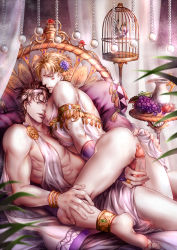 Rule 34 | 2boys, alternate costume, armlet, ass, bad id, bad pixiv id, barefoot, bird, birdcage, blonde hair, brown hair, caesar anthonio zeppeli, cage, dkaki, earrings, facial mark, feathers, green eyes, hand on own ass, headband, highres, indoors, jewelry, jojo no kimyou na bouken, joseph joestar, joseph joestar (young), lots of jewelry, male focus, multiple boys, penis, pitcher (container), stud earrings, toga, uncensored, yaoi